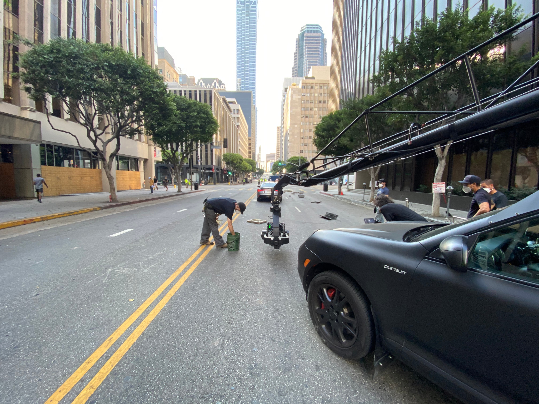 Downtown Los Angeles — pursuit camera vehicle on empty city street